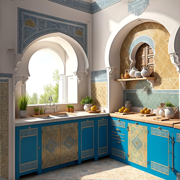 Foto di una cucina colorata con mobili e controsoffitti blu e gialli