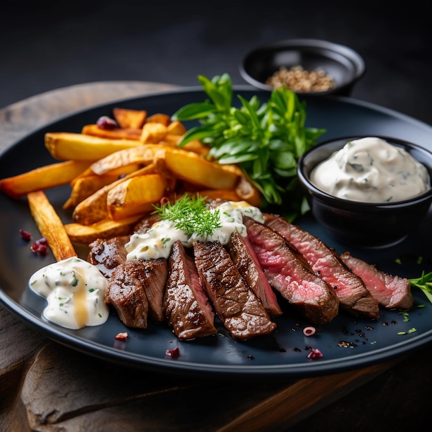 foto di una deliziosa bistecca media con patatine fritte e panna acida