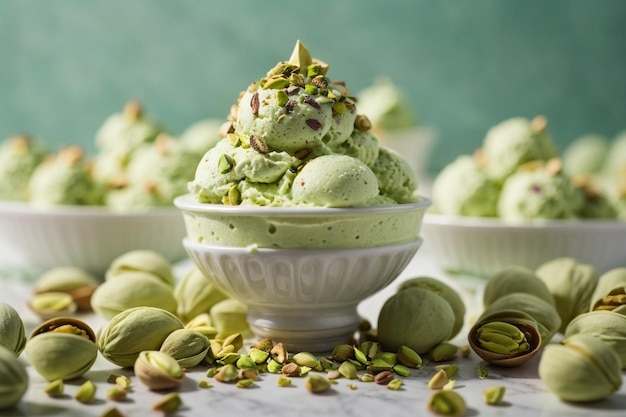 Foto di una deliziosa ciotola di gelato al pistacchio con una spruzzatura di pistacchi schiacciati sopra