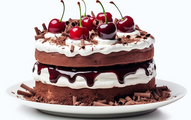 Foto di una deliziosa torta al cioccolato e fette di torta con ciliegie