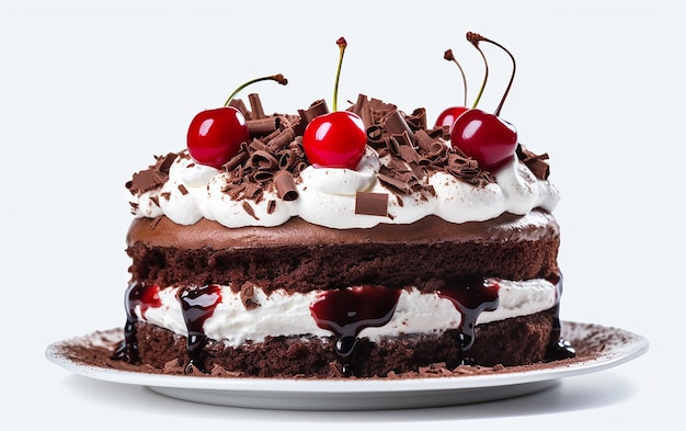 Foto di una deliziosa torta al cioccolato e fette di torta con ciliegie