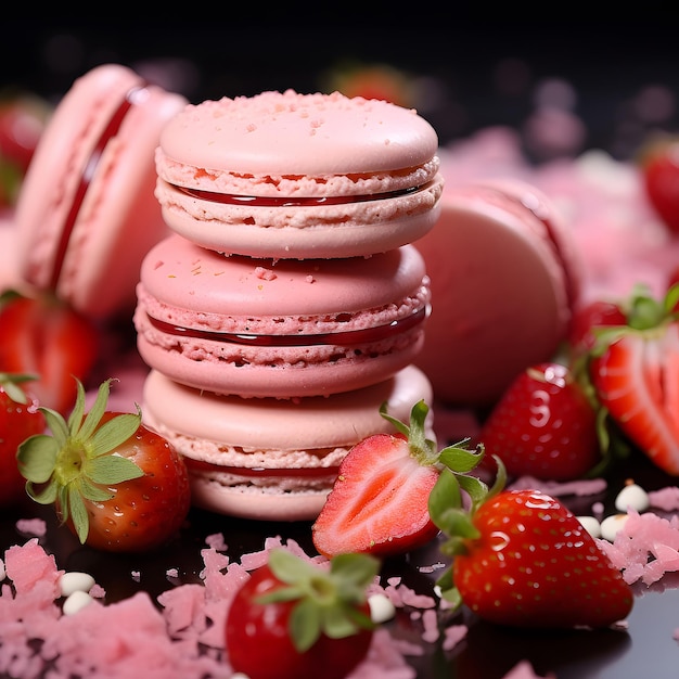 Foto di una deliziosa torta macaron al gusto di fragola con fragole