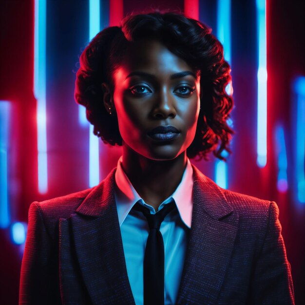 foto di una donna africana intelligente con un tailleur davanti all'intelligenza artificiale generativa con sfondo fantascientifico a luce rossa e blu al neon