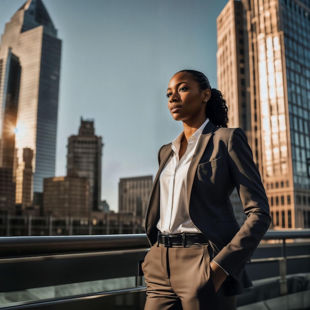 foto di una donna africana intelligente con un tailleur nero nell'intelligenza artificiale generativa di una grande città moderna