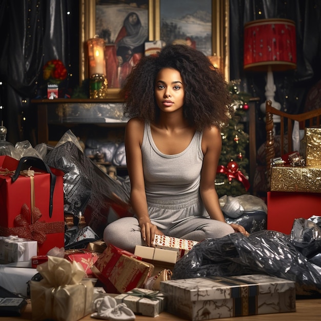 Foto di una donna afroamericana che spacca i regali di Natale