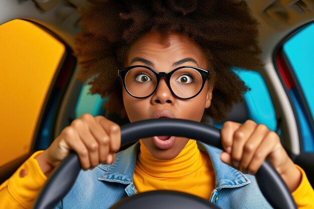 Foto di una donna afroamericana scioccata che compra una nuova auto impressionata dal volante a controllo di velocità veloce isolato su uno sfondo colorato vibrante.