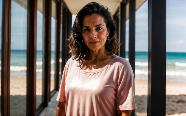 Foto di una donna anziana di mezza età a casa vicino alla spiaggia del mare IA generativa