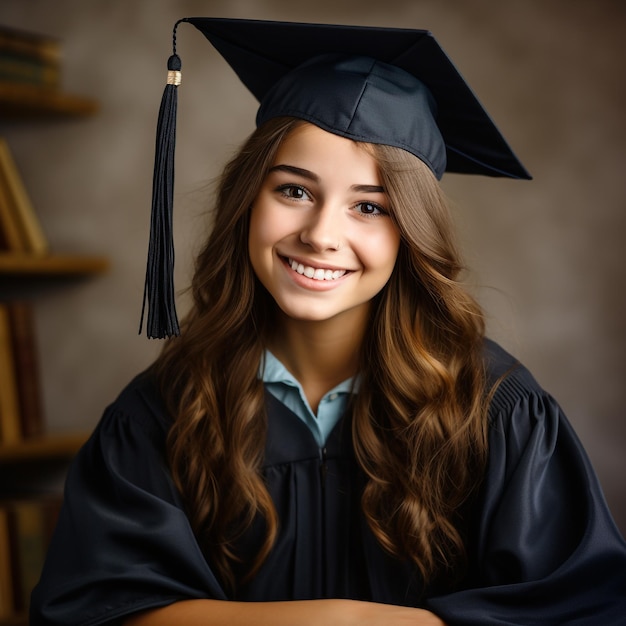 foto di una donna appena laureata con diploma che posa sullo sfondo generato dall'IA