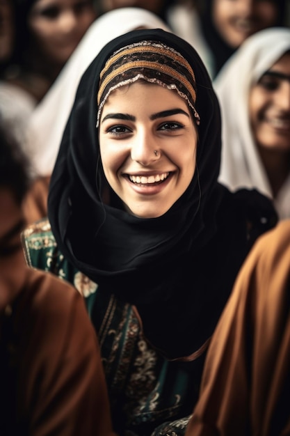 Foto di una donna araba che sorride in un grande gruppo