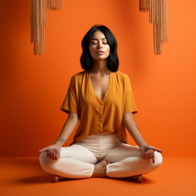 foto di una donna asiatica che fa yoga e meditazione davanti al muro di colore arancione