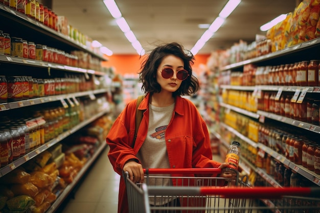 Foto di una donna asiatica che va al supermercato a comprare provviste