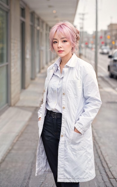 Foto di una donna asiatica con una camicia bianca di laboratorio in un moderno laboratorio di IA generativa