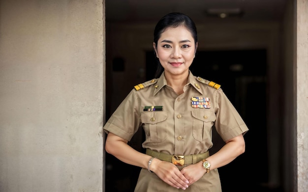 Foto di una donna asiatica di mezza età in uniforme da insegnante tailandese AI generativa