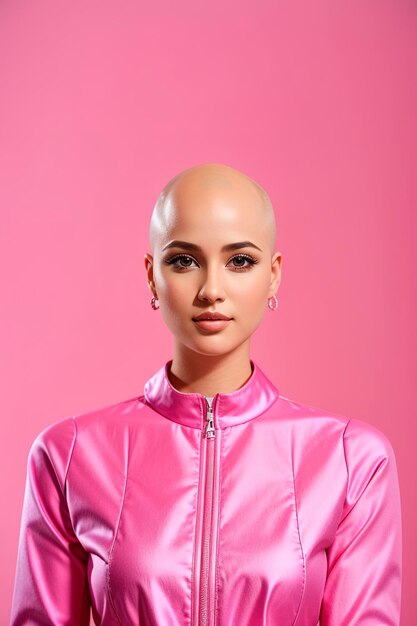 Foto di una donna bianca senza peli vestita di rosa con sfondo rosa per il cancro al seno auto ez