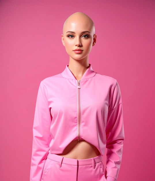 Foto di una donna bianca senza peli vestita di rosa con sfondo rosa per il cancro al seno auto ez