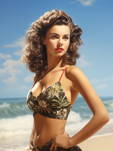foto di una donna calda di bellezza degli anni '50 in costume da bagno da spiaggia