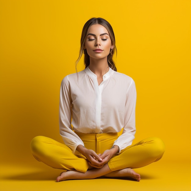 foto di una donna che fa yoga e meditazione davanti al muro di colore giallo