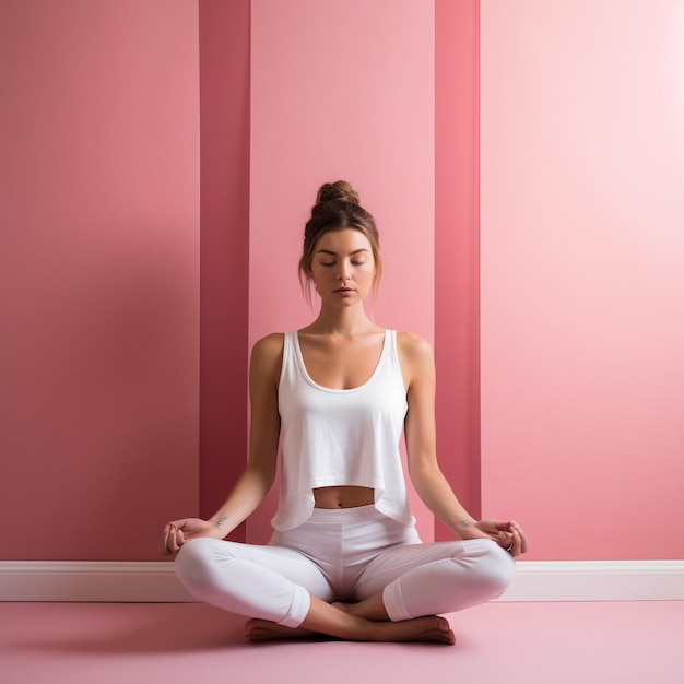 foto di una donna che fa yoga e meditazione davanti al muro di colore rosa