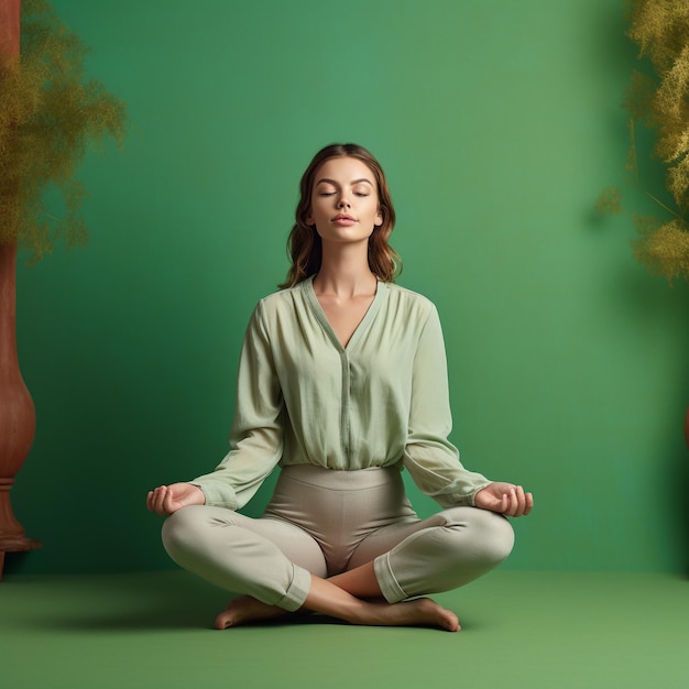 foto di una donna che fa yoga e meditazione davanti al muro di colore verde