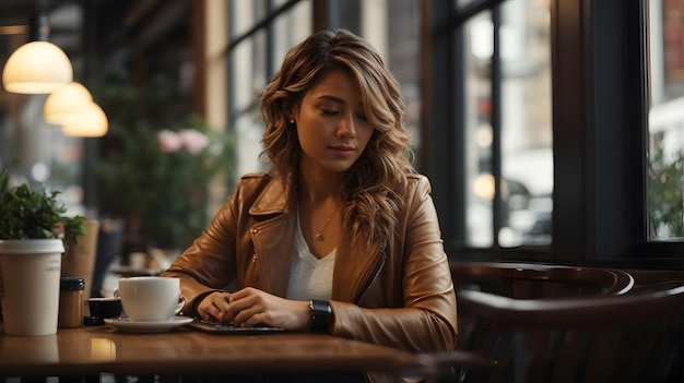 foto di una donna che lavora in un caffè con un computer