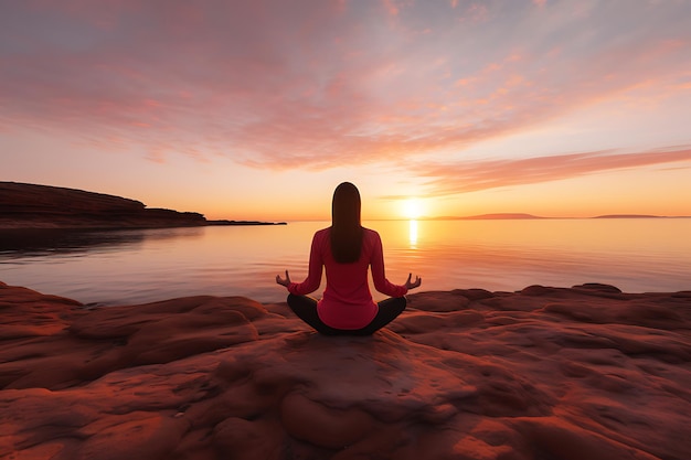 Foto di una donna che pratica lo yoga su una spiaggia rocciosa al sole