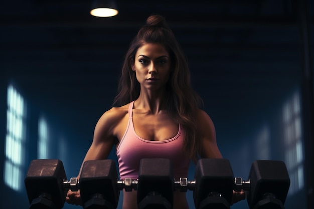 foto di una donna che si allena con i manubri in palestra