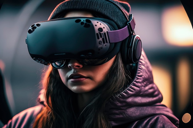 Foto di una donna che usa gli occhiali VR per esplorare il cyberspazio e il Metaverso