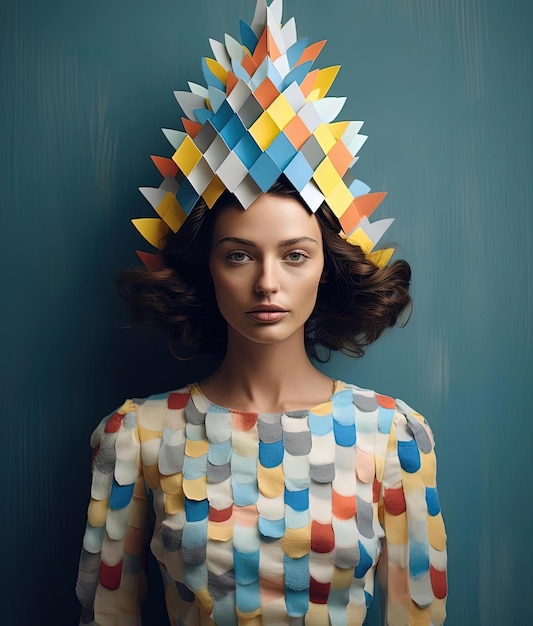 foto di una donna con corona blu e motivi colorati nello stile dei poster di design grafico