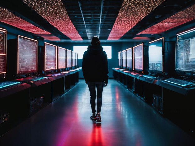 foto di una donna con felpa con cappuccio nera nella sala del data center del server con intelligenza artificiale generativa con luce al neon