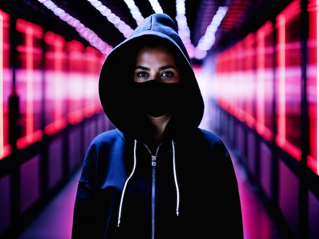 foto di una donna con felpa con cappuccio nera nella sala del data center del server con intelligenza artificiale generativa con luce al neon
