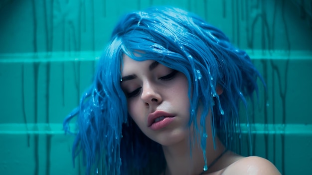 foto di una donna con i capelli blu e il corpo blu