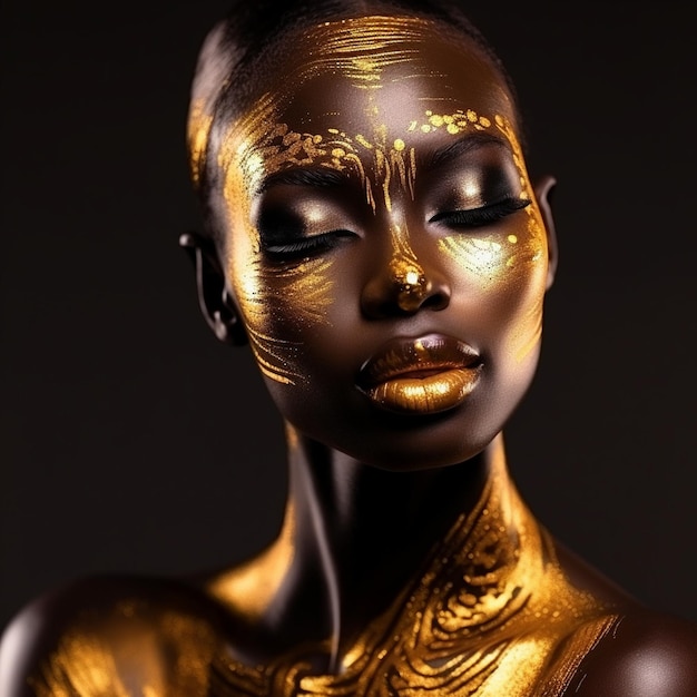 Foto di una donna con la faccia dorata e il trucco dorato un lucciore d'oro sul suo viso