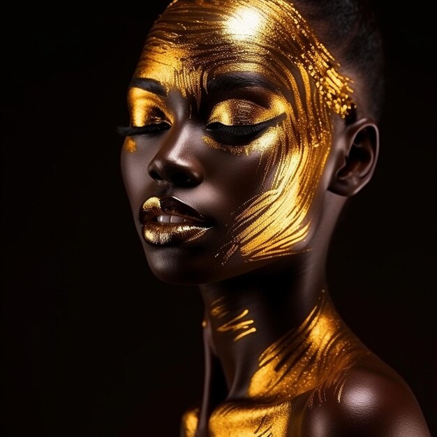 Foto di una donna con la faccia dorata e il trucco dorato un lucciore d'oro sul suo viso