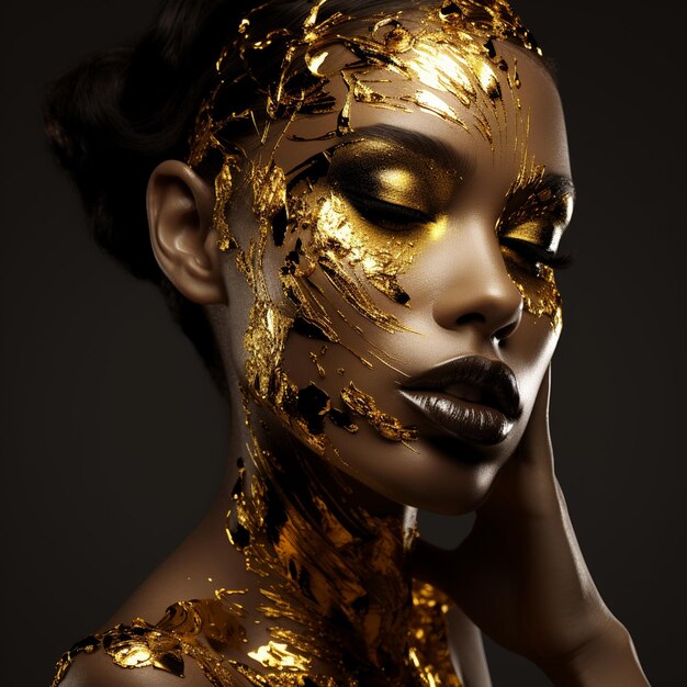 Foto di una donna con la faccia dorata e il trucco dorato un lucciore d'oro sul suo viso