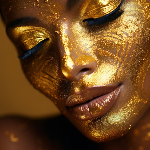 Foto di una donna con la faccia dorata e il trucco dorato un lucciore d'oro sul suo viso