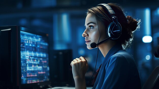 foto di una donna con le cuffie che lavora in un call center