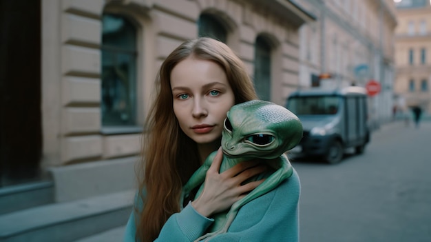 Foto di una donna con un alieno in un ambiente urbano generata dall'AI