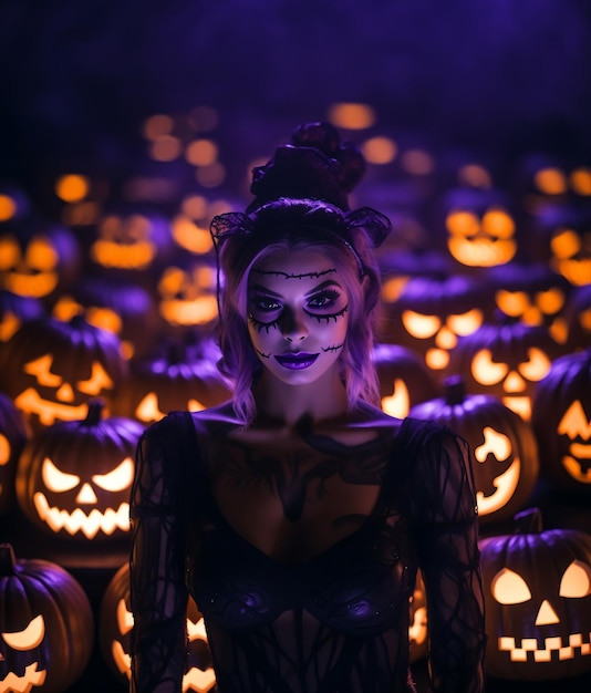 Foto di una donna con un inquietante trucco da festa di Halloween con sfondo di zucche malvagie per il giorno di Halloween
