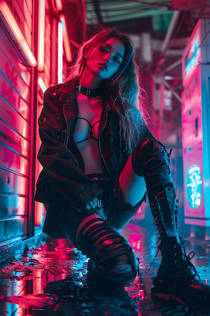 Foto di una donna cyberpunk nella città notturna