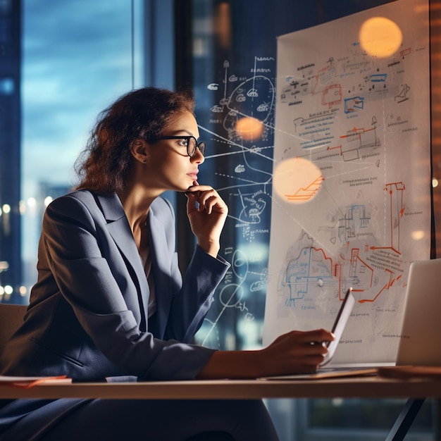 Foto di una donna d'affari riflessiva che guarda uno schizzo di marketing