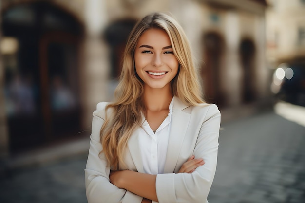 Foto di una donna d'affari sorridente che posa all'aperto con le braccia incrociate