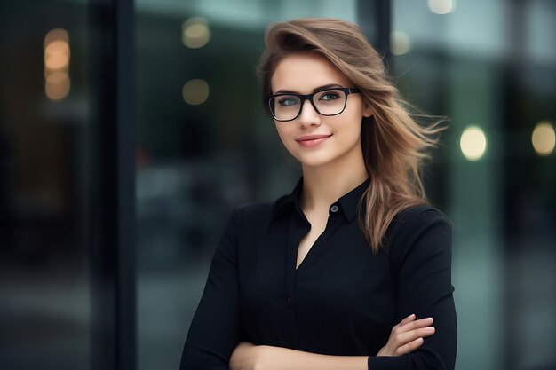 Foto di una donna d'affari sorridente che posa all'aperto con le braccia incrociate