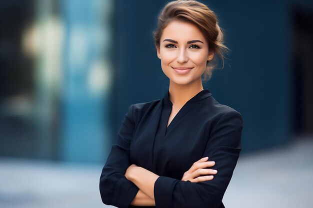 Foto di una donna d'affari sorridente che posa all'aperto con le braccia incrociate