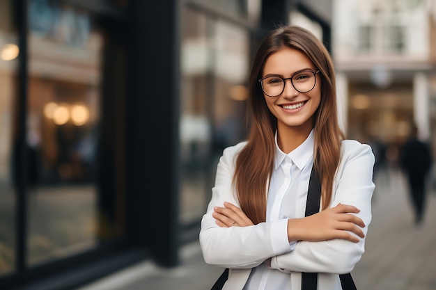 Foto di una donna d'affari sorridente che posa all'aperto con le braccia incrociate