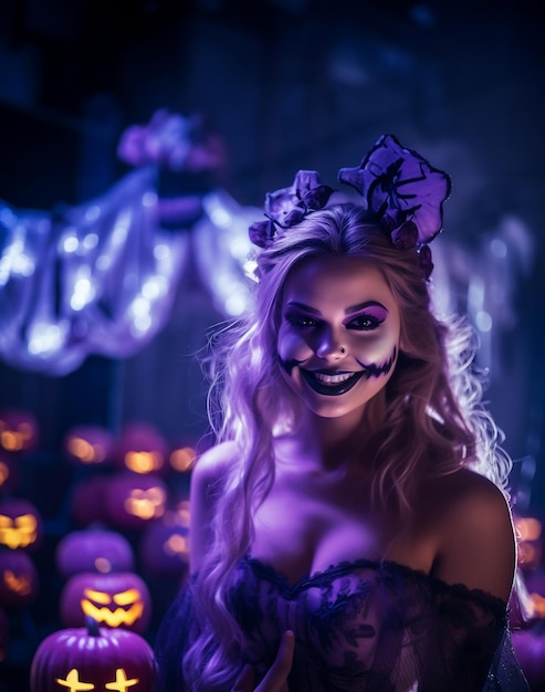 Foto di una donna del giorno di Halloween in un costume da festa di Halloween con una spaventosa zucca malvagia