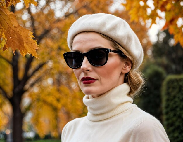 foto di una donna di mezza età con colletto bianco e berretto nero e occhiali da sole neri in piedi davanti al parco autunnale generativa AI