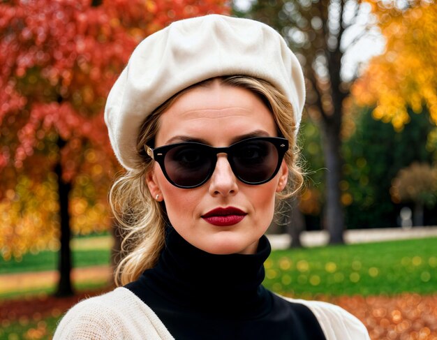 foto di una donna di mezza età con colletto bianco e berretto nero e occhiali da sole neri in piedi davanti al parco autunnale generativa AI