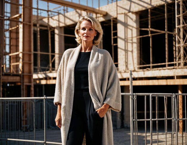 foto di una donna di mezza età con un cappotto a maniche di pipistrello in piedi di fronte a un edificio in costruzione generativa AI