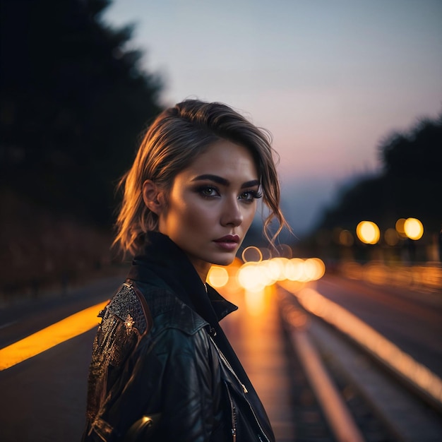 Foto di una donna di notte in strada con un'IA generativa leggera