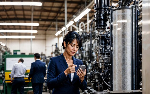 Foto di una donna imprenditrice che lavora in fabbrica con macchina e intelligenza artificiale generativa del lavoratore